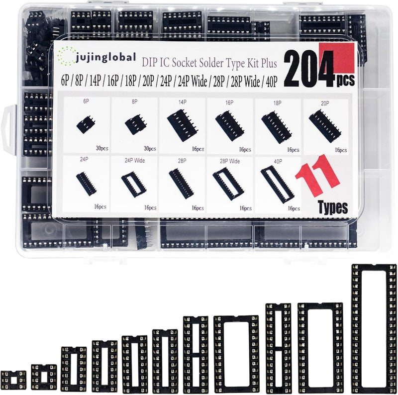 jujinglobal 204pcs 11 Types DIP IC Socket Kit 2.54mm 0.1" Pitch 6 8 14 16 18 20 24 24Wide 28 28Wide 40 Pin DIP IC Socket Solder Type Adaptor Assortment Kits - Image 1